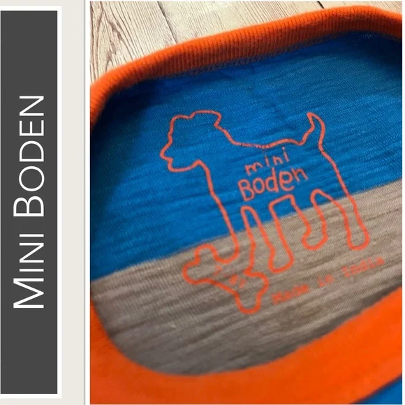 Mini Boden Blue & Gray Wide-Striped Long Sleeve Shirt with Orange Neck Band EUC - Picture 4 of 6